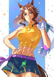 1girl abs absurdres animal_ears blue_eyes breasts brown_hair commentary_request confetti contrapposto cowboy_shot cropped_jacket gloves green_skirt hair_between_eyes hand_on_own_hip highres holding_unworn_jacket horse_ears horse_girl horse_tail jacket long_hair long_sleeves looking_at_viewer mejiro_palmer_(umamusume) multicolored_hair navel open_clothes open_jacket ponytail senchan_7 simple_background single_glove skirt smile solo stomach streaked_hair tail umamusume white_background white_gloves white_hair white_jacket