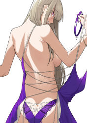 1girl back backboob bare_shoulders blonde_hair bracelet breasts butt_crack doujinshi dress grin heart heart-shaped_pupils highres imaizumin-chi_wa_douyara_gal_no_tamariba_ni_natteru_rashii jewelry kurumizaka_ruri large_breasts leash long_hair looking_at_viewer nori_gorou pink_eyes purple_dress simple_background smile solo symbol-shaped_pupils white_background
