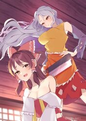 2girls aoko_(myut7287) ascot bow breasts breasts_out brown_eyes brown_hair cleaver defeat detached_sleeves dress floating_hair frilled_bow frilled_hair_tubes frills hair_bow hair_tubes hakurei_reimu highres large_breasts long_hair multiple_girls partially_undressed red_bow red_eyes red_skirt ribbon_trim sakata_nemuno single-shoulder_dress skirt smug touhou trembling victory_pose wavy_hair white_hair yellow_ascot