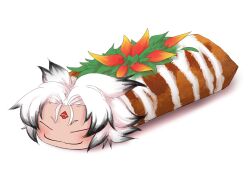 1girl black_hair burrito chimichanga closed_eyes closed_mouth colored_tips forehead_tattoo highres houjuu_chimi multicolored_hair name_connection short_hair simple_background skippeaccented smile solo touhou white_background white_hair