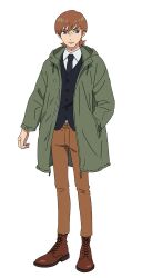 Rule 34 | 1boy, black necktie, black vest, boots, brown boots, brown hair, brown pants, coat, collared shirt, full body, green coat, green eyes, gundam, gundam gquuuuuux, hands in pockets, highres, hood, hood down, looking at viewer, male focus, necktie, official art, open clothes, open coat, pants, parka, shirt, short hair, simple background, solo, standing, transparent background, vest, white shirt, xavier olivette