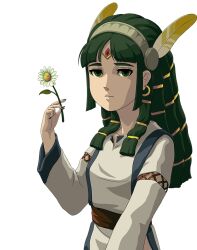 1girl alpha_transparency bara_to_tsubaki breasts earrings feathers flower forehead_jewel green_eyes green_hair hairband holding holding_flower jewelry la_mulana long_hair mulbruk naramura official_art small_breasts solo transparent_background upper_body