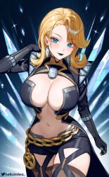 1girl arm_up black_lips black_shorts blonde_hair blue_background blue_eyes breasts chain chain_belt cleavage cowboy_shot earrings emma_frost glint gold_chain gold_trim helloimtea highres ice_shard jewelry large_breasts marvel marvel_rivals medium_hair navel short_shorts shorts solo stomach x-men