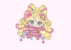 Rule 34 | 1girl, aqua eyes, back bow, bare shoulders, blonde hair, boots, bow, bowtie, bracelet, bridal gauntlets, brooch, chibi, closed mouth, commentary, cropped shirt, cure idol, dot nose, double bun, eyelashes, footwear bow, frilled bridal gauntlets, hair between eyes, hair bobbles, hair bun, hair ornament, hair ribbon, hairband, hairclip, happy, heart, heart brooch, heart hair ornament, ichigo usuhana, jewelry, kimi to idol precure, knee boots, light blush, long hair, looking at viewer, magical girl, medium skirt, midriff, multicolored hair, navel, outstretched arms, pink background, pink bow, pink bowtie, pink bridal gauntlets, pink hair, pink ribbon, pink shirt, pink skirt, plaid bow, plaid bowtie, plaid clothes, plaid ribbon, plaid skirt, pleated skirt, precure, purple bow, ribbon, sakura uta (precure), shirt, simple background, skirt, skirt set, sleeveless, sleeveless shirt, smile, solo, streaked hair, tareme, two-tone hair, very long hair, white boots, white hairband