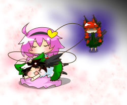 animal_ears black_hair bow braid cat_ears cat_girl cat_tail chaotic_dragon envy female_focus hair_bow hair_ribbon hairband heart jealous kaenbyou_rin komeiji_satori long_hair multiple_girls multiple_tails pink_hair red_eyes red_hair reiuji_utsuho ribbon short_hair tail third_eye touhou twin_braids twintails wings