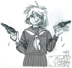 Rule 34 | 1girl, bandage over one eye, bandaged head, bandages, closed mouth, commentary, copyright name, cowboy shot, cropped legs, dual wielding, expressionless, graphite (medium), greyscale, gun, handgun, hands up, highres, holding, holding gun, holding weapon, kill that guy, long sleeves, looking at viewer, melon (kill that guy), messy hair, monochrome, neckerchief, noobboy 02, pleated skirt, revolver, school uniform, serafuku, shell casing, shirt, short hair, simple background, skirt, solo, traditional media, weapon
