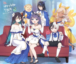 Rule 34 | 3boys, 3girls, :d, ^ ^, absurdres, animal ears, azold (princess connect!), bare shoulders, black bow, black footwear, black hair, black hairband, black shorts, blue eyes, blue hair, blush, bow, braid, breasts, brown eyes, brown hair, champagne flute, cleavage, closed eyes, closed mouth, collarbone, commentary request, couch, cracker, cup, dark-skinned female, dark skin, demon horns, dress, drink, drinking glass, facial hair, fang, flower, food, gloves, green eyes, grey hair, gucchiann, hair between eyes, hair bow, hair flower, hair ornament, hairband, high heels, highres, holding, holding cup, holding food, holding plate, horns, jacket, kariza (princess connect!), large breasts, long hair, long sleeves, misora (princess connect!), multicolored hair, multiple boys, multiple girls, mustache, nea (princess connect!), off-shoulder dress, off shoulder, on couch, open clothes, open jacket, open mouth, orange hair, pants, pig ears, plate, princess connect!, purple hair, ranpha (princess connect!), red eyes, see-through clothes, see-through dress, shirt, shoes, shorts, sitting, skindentation, smile, standing, standing on one leg, streaked hair, striped bow, thigh strap, translation request, two-tone hair, very long hair, wavy mouth, white dress, white flower, white gloves, white hair, white jacket, white pants, white shirt, wine glass, zane (princess connect!)