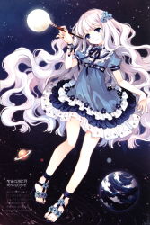 1girl absurdres art_brush blue_eyes blue_nails blush dress earth_(planet) female_focus flower frills hair_flower hair_ornament highres legs long_hair moon nail_polish open_mouth paintbrush pixiv pixiv-tan planet ribbon sandals scan skirt sky smile solo space star_(symbol) tearfish very_long_hair wavy_hair white_hair