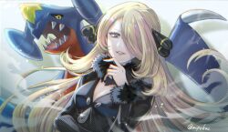 Rule 34 | 1girl, artist name, black eyes, blonde hair, breasts, coat, cynthia (pokemon), dragon, dutch angle, ears visible through hair, elite four, fang, fangs, fangs out, female focus, fur trim, garchomp, gen 4 pokemon, hair ornament, hair over one eye, hand on own chin, highres, large breasts, light particles, lipstick, long hair, looking at viewer, makeup, mipokec, nintendo, open mouth, pokemon, pokemon (creature), pokemon dppt, simple background, smile, smoke, smoke trail, solo, teeth, white background, yellow eyes