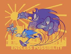3boys absurdres animal_ears animal_nose artist_request chip_(sonic) city claws closed_mouth commentary dual_persona english_commentary english_text furry furry_male gloves grin highres male_focus multiple_boys orange_background red_footwear running sharp_teeth shoes simple_background smile song_name sonic_(series) sonic_the_hedgehog sonic_the_werehog sonic_unleashed sun tail teeth werehog white_gloves