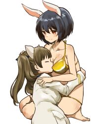 2girls animal_ears bikini black_hair brave_witches breasts brown_hair cat_ears cat_girl closed_eyes georgette_lemare gold_bikini hand_on_another&#039;s_head highres hug jacket large_breasts long_hair looking_at_another military military_uniform multiple_girls murayama_kei rabbit_ears rabbit_girl rabbit_tail red_eyes shimohara_sadako short_hair simple_background sitting smile swimsuit tail twintails white_background white_jacket world_witches_series yuri