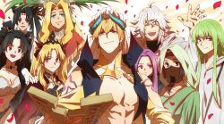 3boys 6+girls black_hair blonde_hair blue_eyes blue_vest breasts brown_eyes brown_hair cape cleavage commentary_request earrings enkidu_(fate) ereshkigal_(fate) fate/grand_order fate_(series) gilgamesh gilgamesh_(caster)_(fate) gilgamesh_(fate) green_hair hand_on_another&#039;s_shoulder hat headband headdress headscarf holding holding_stone_tablet ishtar_(fate) jewelry kingu_(fate) medium_breasts medusa_(fate) medusa_(lancer)_(fate) merlin_(fate) multiple_boys multiple_girls open_mouth purple_eyes purple_hair quetzalcoatl_(fate) red_cape red_eyes red_headband rider robe shiba44469 shoulder_tattoo siduri_(fate) smile stone_tablet tattoo tiara two_side_up ushiwakamaru_(fate) vest white_hair white_hat white_robe
