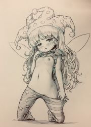 1girl :o american_flag_dress american_flag_legwear arinu bare_arms blush breasts clothes_lift clothes_pull clownpiece commentary_request dress dress_lift fairy_wings female_focus full_body greyscale half-closed_eyes hand_on_own_chest hat head_tilt highres jester_cap kneeling lifting_own_clothes long_hair monochrome navel nipples no_bra no_panties no_shoes pantyhose pantyhose_pull polka_dot pulling_own_clothes short_sleeves simple_background small_breasts solo star_(symbol) star_print stomach striped touhou wavy_hair wings