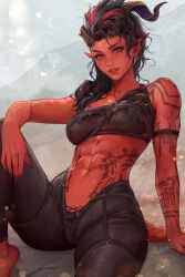 Rule 34 | 1girl, abs, artist name, baldur&#039;s gate, baldur&#039;s gate 3, black hair, black pants, breasts, broken horn, brown hair, colored skin, demon girl, demon horns, demon tail, fingernails, highres, horns, karlach, knee up, large breasts, long hair, looking at viewer, multicolored hair, muscular, muscular female, pants, pointy ears, prywinko, red hair, red skin, sharp fingernails, shoulder tattoo, sitting, solo, tail, tattoo, tiefling, two-tone hair, underwear
