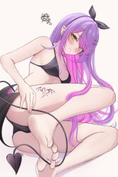 Rule 34 | 1girl, 7nopi, absurdres, barefoot, bikini, black bikini, black hairband, breasts, demon tail, feet, foot focus, foot out of frame, green eyes, hair ornament, hairband, hairclip, heart, heart tattoo, highres, hololive, leg tattoo, long hair, medium breasts, purple hair, simple background, soles, solo, swimsuit, tail, tattoo, toes, tokoyami towa, virtual youtuber, white background