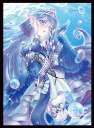1girl arm_fins blue_eyes blush breasts bubble covered_navel duel_monster fins fish_girl grey_hair head_fins highres holding holding_sword holding_weapon kitkallos_(yu-gi-oh!) large_breasts lock long_hair long_sleeves looking_at_viewer looking_down open_mouth pelvic_curtain pinko_(pinkuroao) sample_watermark second-party_source sleeves_past_wrists solo sword tearlaments_kitkallos thighhighs tiara underwater watermark weapon yu-gi-oh!