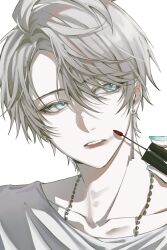 1boy absurdres applying_makeup blue_eyes collarbone commentary crew_neck earrings green_nails grey_hair hair_behind_ear hair_between_eyes hashtag-only_commentary highres jewelry kaida_haru lipstick looking_to_the_side makeup male_focus necklace nijisanji out_of_frame parted_bangs parted_lips piercing shirt sideways_glance simple_background smeared_lipstick solo sushisushi_iiii upper_body virtual_youtuber white_background white_shirt