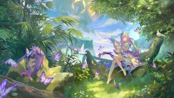 1girl absurdres alternate_size bare_legs bare_shoulders barefoot benzi_li bird blush breasts bug butterfly castorice_(honkai:_star_rail) castorice_(star_rail_live_2025)_(honkai:_star_rail) cleavage closed_eyes closed_mouth commentary_request dappled_sunlight day dragon dress facing_viewer floating_hair flower forest full_body grass happy harp highres holding holding_harp holding_instrument honkai:_star_rail honkai_(series) insect instrument jewelry kephale_(honkai:_star_rail) long_hair low_twintails medium_breasts music nail_polish nature necklace netherwing_(honkai:_star_rail) off-shoulder_dress off_shoulder official_alternate_costume outdoors pearl_necklace playing_instrument pointy_ears purple_butterfly purple_hair purple_nails small_dragon smile sunlight tiara toenail_polish toenails toes tree twintails very_long_hair white_bird white_dress