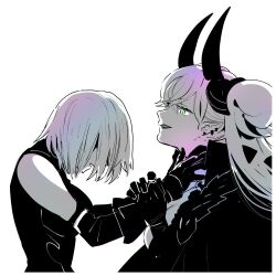 2girls bare_shoulders breasts demon_horns detached_sleeves earrings fate/grand_order fate_(series) gauntlets green_eyes greyscale horns jewelry lilith_(fate) lilith_(second_ascension)_(fate) mash_kyrielight mash_kyrielight_(demi-servant) monochrome multiple_girls nobicco short_hair strangling twintails white_background