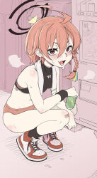 1girl ahoge akita_kang black_halo black_socks black_sports_bra blue_archive buruma can fang halo highres holding holding_can neru_(blue_archive) open_mouth red_buruma red_eyes red_hair red_shoes shoes skin_fang socks solo sports_bra squatting sweat