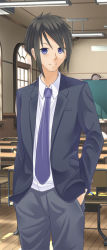Rule 34 | 1boy, black hair, blue eyes, classroom, desk, hosi-gaki, male focus, morikuni seijuurou, original, school, school desk, school uniform, shitou (4h), solo, zenra toukou school