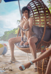 2girls absurdres aerith_gainsborough ball beach beach_umbrella beachball bikini black_hair breasts chair cocktail_glass commentary cup drinking_glass final_fantasy final_fantasy_vii final_fantasy_vii_rebirth final_fantasy_vii_remake flower frilled_bikini_top hair_flower hair_ornament highres large_breasts multiple_girls nipples official_alternate_costume official_alternate_hairstyle one_breast_out sand sandals seven_(sixplusone) solo_focus spread_legs swimsuit tifa_lockhart tifa_lockhart_(shining_spirit) umbrella undone_bikini