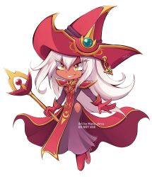 Rule 34 | 1girl, alternate color, artist name, commission, dark-skinned female, dark skin, deformed, dress, duel monster, gloves, hat, hip vent, holding, holding staff, long hair, mane desu, palette swap, red gloves, red hat, red tabard, signature, silent magician, smirk, staff, tabard, white hair, wizard hat, yellow eyes, yu-gi-oh!