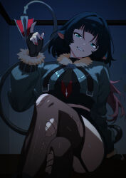1girl absurdres animal_ears black_hair blue_eyes crossed_legs fur_trim grin highres jacket jane_doe_(zenless_zone_zero) looking_at_viewer mouse_ears mouse_girl mouse_tail nail_polish odiseo red_nails short_hair sitting smile solo tail teeth thighhighs torn_clothes zenless_zone_zero
