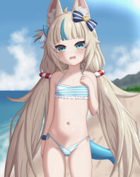Rule 34 | 1girl, absurdres, animal ear fluff, animal ears, azunyart, beach, bikini, blonde hair, blue bikini, blue eyes, blue hair, blurry, blurry background, cat ears, commentary, fang, fins, fish girl, fish tail, flat chest, frilled bikini, frills, gluteal fold, halterneck, highres, long hair, looking at viewer, low twintails, multicolored hair, navel, one side up, open mouth, original, outdoors, revision, sameko saba, side-tie bikini bottom, solo, streaked hair, striped bikini, striped clothes, swimsuit, tail, twintails, very long hair, virtual youtuber