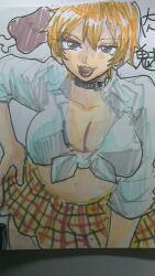 1girl blonde_hair blue_eyes breasts choker cleavage collarbone dark_skin food hand_on_own_hip hepburn_(pixiv_1033192) large_breasts leaning_forward long_sleeves looking_at_viewer marker_(medium) meat midriff mito_ikumi navel open_mouth photo_(medium) plaid_clothes plaid_skirt red_lips shirt shokugeki_no_souma short_hair skirt sleeves_rolled_up smile standing teeth tied_shirt traditional_media white_background white_shirt yellow_skirt