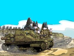 Rule 34 | 6+boys, blue sky, cat boy, caterpillar tracks, cigarette, cloud, cloudy sky, desert, exhaust pipe, gun, headlight beam, helmet, highres, holding, holding cigarette, machine gun, multiple boys, original, sky, smoking, soldier, vehicle request, weapon, yabarn