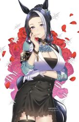 Rule 34 | 1girl, animal ears, black hair, blush, braid, breasts, cleavage, flower, gloves, hair bun, highres, horse ears, horse girl, horse tail, large breasts, long hair, looking at viewer, matuda (matudayazo), mejiro ramonu (umamusume), mole, mole under eye, multicolored hair, purple eyes, rose, shirt, single glove, smile, solo, streaked hair, tail, umamusume, white hair
