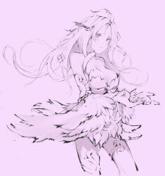 Rule 34 | 1girl, blush, breasts, cleavage, closed mouth, commentary request, cowboy shot, demon wings, detached sleeves, dress, feather sleeves, flower, hair flower, hair ornament, head wings, large breasts, long hair, looking at viewer, monochrome, nidhoggr (ragnarok online), purple theme, ragnarok online, simple background, solo, strapless, strapless dress, tugmix, wings