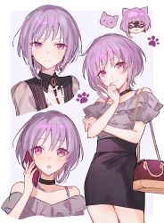 1girl :3 ^_^ absurdres amoris_(bang_dream!) animal_ears annoyed argyle_bag argyle_clothes bag bang_dream! bang_dream!_it&#039;s_mygo!!!!! bare_shoulders bead_necklace beads black_bag black_choker black_skirt black_vest border bra_strap cat cat_ears cellphone choker closed_eyes closed_mouth collared_vest cowboy_shot cropped_torso earrings frilled_shirt frills frown furrowed_brow grey_shirt hand_on_own_arm hand_on_own_cheek hand_on_own_face happy head_only high-waist_skirt highres holding holding_phone jewelry kemonomimi_mode light_blush miniskirt multiple_views necklace off-shoulder_shirt off_shoulder outside_border parted_lips paw_print pearl_necklace pencil_skirt phone pinstripe_pattern pinstripe_vest puffy_short_sleeves puffy_sleeves purple_background purple_eyes purple_hair see-through_clothes see-through_sleeves shirt short_hair_with_long_locks short_sleeves shoulder_bag single_sidelock single_stripe skirt smartphone smile standing striped_choker talking_on_phone tassel tassel_earrings thighs torri_(wycww) vest white_border yuutenji_nyamu