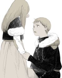 1boy 1girl black_shirt blonde_hair brother_and_sister child comforting dress dungeon_meshi falin_touden falin_touden_(tallman) frs2 fur_trim highres holding_hands hood hood_down laios_touden layered_sleeves long_hair long_sleeves looking_at_another o-ring on_one_knee open_mouth sash shirt short_hair short_over_long_sleeves short_sleeves siblings simple_background tears turtleneck white_background winter_clothes wiping_face wiping_tears yellow_eyes
