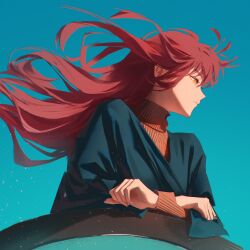1girl blue_sky brown_sweater chainsaw_man closed_mouth floating_hair hashtag-only_commentary highres kozzz_y long_hair makima_(chainsaw_man) red_hair ringed_eyes sky solo sweater turtleneck turtleneck_sweater yellow_eyes