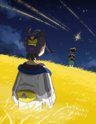 1boy 1girl absurdres black_hair brown_hair cloud dated field food grass highres holding holding_candy_apple holding_food jacket juliana_(pokemon) kieran_(pokemon) night night_sky nintendo outdoors pokemon pokemon_sv purple_hair red_tank_top sachi_achi shooting_star shorts signature sky solo_focus star_(sky) star_(symbol) tank_top white_jacket white_shorts yellow_bag