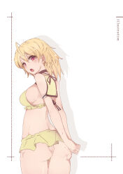 Rule 34 | 1girl, absurdres, ahoge, ando tazusa, arm garter, arms behind back, ass, assault lily, bare arms, bare shoulders, bikini, bikini skirt, blonde hair, blush, breasts, commentary request, cowboy shot, drop shadow, frilled bikini, frills, from behind, hair between eyes, hair down, highres, inset border, interlocked fingers, kuro ula, looking at viewer, looking back, medium breasts, medium hair, open mouth, orange eyes, own hands together, sideboob, simple background, solo, standing, swimsuit, wet, white background, yellow bikini