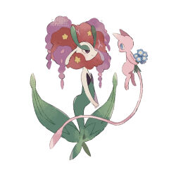 black_eyes blue_eyes blue_flower bouquet bright_pupils closed_mouth colored_skin commentary_request eye_contact floating florges florges_(red_flower) flower gen_1_pokemon gen_6_pokemon highres hime_(himetya105) legendary_pokemon looking_at_another mew_(pokemon) mythical_pokemon nintendo pink_skin pokemon pokemon_(creature) simple_background smile tail white_background white_pupils
