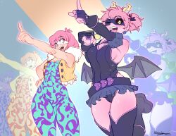Rule 34 | 2girls, absurdres, aqua bodysuit, artist name, ashido mina, black gloves, black leotard, black mask, black sclera, bodysuit, boku no hero academia, breasts, cleavage, cleavage cutout, clothing cutout, colored sclera, colored skin, cosplay, costume switch, detached sleeves, earrings, eye mask, female focus, fingerless gloves, gloves, haneyama kazuho, heart cutout, hhholic, highres, horns, jewelry, large breasts, leotard, low wings, matching hair/eyes, multiple girls, multiple views, pink eyes, pink hair, pink skin, pink trim, pointing, skirt, thighhighs, twintails, twitter username, vigilante -boku no hero academia: illegals-, white mask, wings, yellow eyes, yellow horns