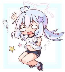 1girl ahoge arm_up blue_archive blue_border blue_hair blue_shoes blue_shorts blush border chibi full_body gym_shirt gym_shorts gym_uniform hair_between_eyes hair_ornament halo hana_kazari highres long_hair looking_at_viewer low_twintails multicolored_hair navel open_mouth pink_hair puffy_short_sleeves puffy_sleeves reisa_(blue_archive) shirt shoes short_sleeves shorts socks solo star_(symbol) star_hair_ornament sweat translation_request twintails two-tone_hair wavy_mouth white_background white_border white_shirt white_socks wide_oval_eyes