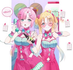 Rule 34 | 2girls, :o, ;), anyoji hime, bare shoulders, blonde hair, blue eyes, blue hair, bottle, breasts, cleavage, cleavage cutout, closed mouth, clothing cutout, commentary, corded phone, dkou, english text, glasses, gradient hair, hair intakes, hair ornament, hashtag-only commentary, heart, heart-shaped eyewear, heart hair ornament, highres, holding, holding bottle, holding phone, letter hair ornament, link! like! love live!, long hair, love live!, medium breasts, miniskirt, mira-cra park!, multicolored hair, multiple girls, navel, official alternate costume, one eye closed, open mouth, osawa rurino, phone, pink-tinted eyewear, pink hair, pink shirt, pink skirt, pink wrist cuffs, pleated skirt, ponytail, shirt, skirt, sleeveless, sleeveless shirt, smile, speech bubble, talking on phone, tinted eyewear, twintails, virtual youtuber, wawo! (love live!), wrist cuffs, x hair ornament