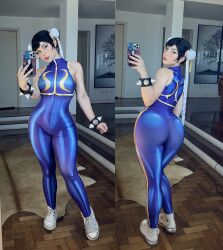 Rule 34 | 1girl, ass, back, black hair, bodysuit, bracelet, brazilian (nationality), breasts, capcom, cellphone, chun-li, cosplay, door, fegalvao, full body, highres, huge ass, jewelry, kaonashi, lips, looking back, medium breasts, mirror, pants, phone, photo (medium), real life, selfie, shoes, short hair, solo, spiked bracelet, spikes, street fighter