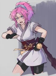 1girl bike_shorts black_gloves blue_eyes breasts fingerless_gloves gloves hunter_x_hunter japanese_clothes machi_komacine medium_breasts needle pincushion pink_hair ponytail sewing_pin signature solo thread vasiliy-plumber