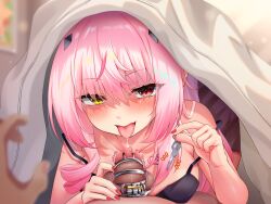 Rule 34 | 1girl, akine (kuroyuri), bra, breasts, censored, chastity cage, femdom, heterochromia, hitsugisaki tina, indie virtual youtuber, key, medium breasts, nail polish, penis, pink hair, red eyes, small penis, tagme, tongue, tongue out, underwear, virtual youtuber, yellow eyes