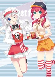 2girls aqua_eyes blue_eyes employee_uniform fast_food_uniform hairband hat highres juke kfc long_hair long_sleeves mcdonald&#039;s multiple_girls original red_hair ribbon striped_clothes striped_legwear striped_thighhighs thighhighs twintails white_hair