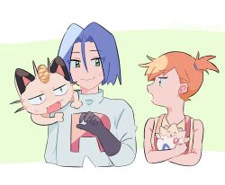 Rule 34 | 1boy, 1girl, asymmetrical hair, black gloves, blue hair, blush, closed mouth, crossed arms, eyelashes, gen 1 pokemon, gen 2 pokemon, gloves, green eyes, hair tie, highres, holding, james (pokemon), looking at another, meowth, misty (pokemon), nintendo, on shoulder, open mouth, orange hair, pokemon, pokemon (anime), pokemon (classic anime), pokemon rgby, ponytail, shirt, short hair, side ponytail, sleeveless, smile, suspenders, sweatdrop, team rocket, team rocket uniform, togepi, upper body, yellow shirt