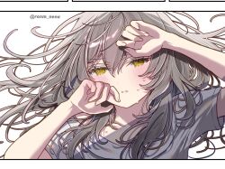 1girl blush collarbone grey_hair grey_shirt hair_between_eyes half-closed_eyes hands_up honkai:_star_rail honkai_(series) long_hair lying on_back parted_lips shirt short_sleeves solo stelle_(honkai:_star_rail) sweat trailblazer_(honkai:_star_rail) twitter_username upper_body white_background yellow_eyes yuma_(mron_322)