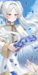 1boy 1girl absurdres blue_flower blue_hair blue_sky blush capelet closed_mouth cowboy_shot day dress earrings elf falling_petals felicia8 floating_hair flower flower_wreath frieren green_eyes grey_hair hair_intakes hashtag-only_commentary head_wreath highres himmel_(sousou_no_frieren) holding holding_wreath jewelry long_hair long_sleeves looking_at_another looking_down outdoors petals pointy_ears short_eyebrows short_hair sky smile sousou_no_frieren thick_eyebrows twintails white_capelet white_dress wide_sleeves wind