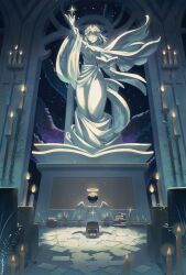 1boy 1girl absurdres angel_wings artist_name black_footwear black_hair candle commentary english_commentary halo han_sooyoung highres kneeling oldest_dream omniscient_reader&#039;s_viewpoint paper papercider shirt short_hair statue temple white_shirt white_wings wings